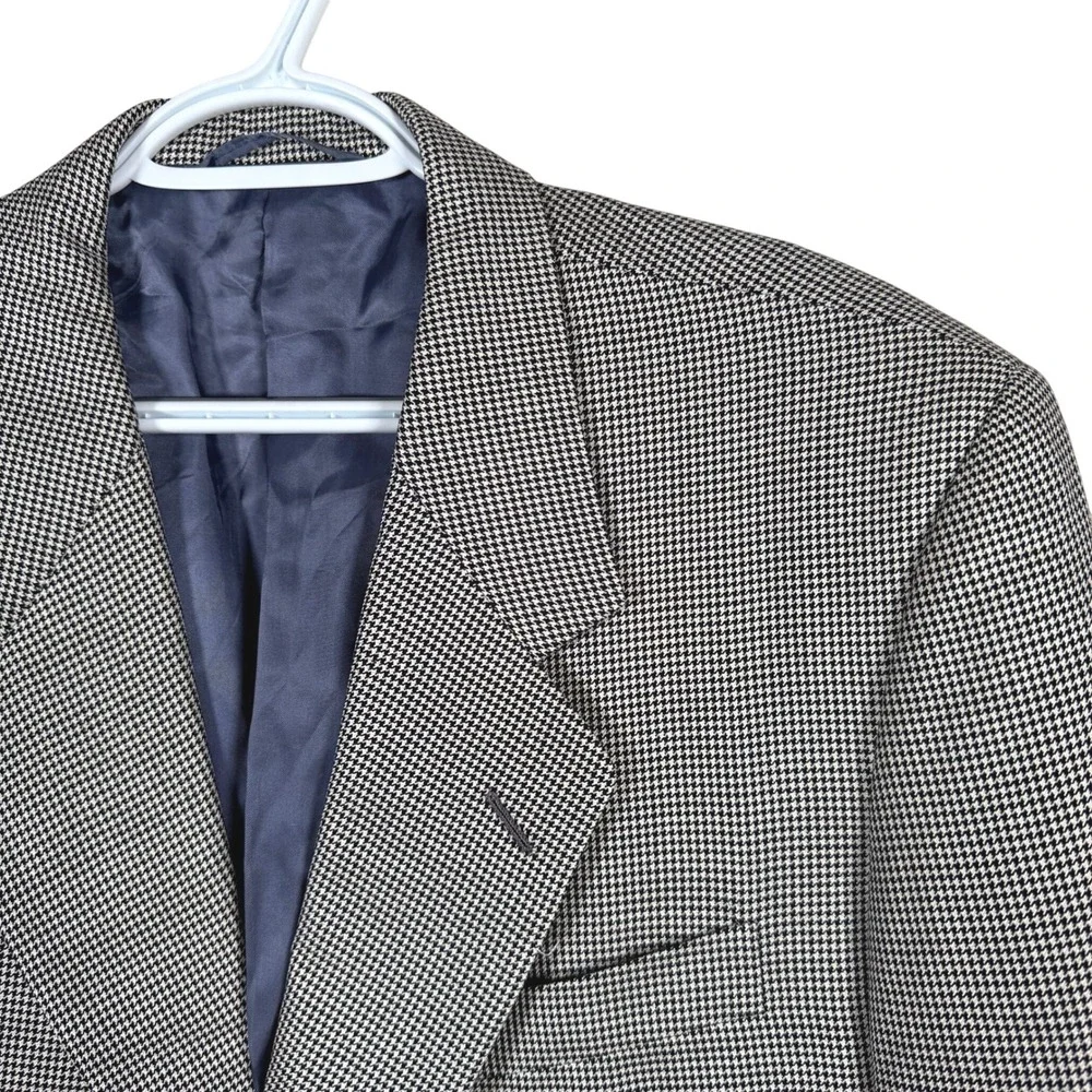 Hickey Freeman Silk Wool Houndstooth Blazer Sport Coat Mens 44R Black White read